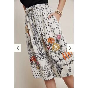 Vineet Bahl‎ Devi Embroidered Midi Skirt M Natural Floral Anthropologie Linen